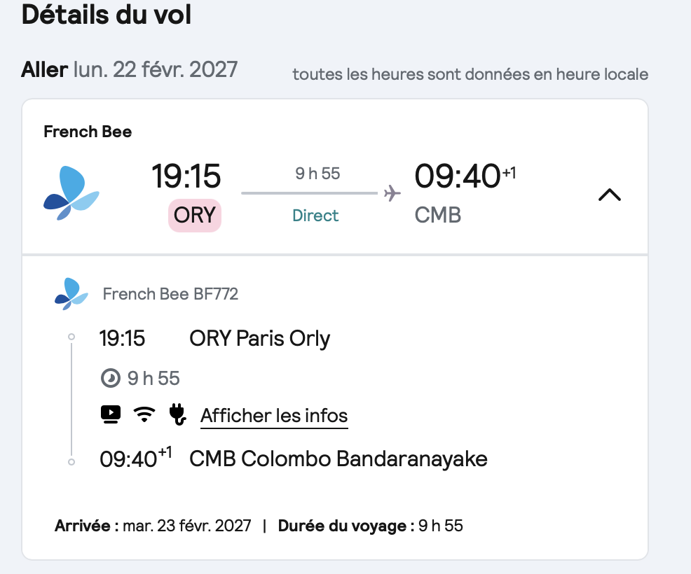Vol French Bee BF772, Paris Orly 19 h 15, arrivée à Colombo le 23 Février à 9 h 40