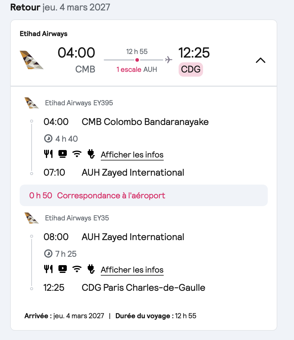 Vols Etihad EY395 et EY35, départ de Colombo le 4 Mars à 4 h, arrivée à Paris CDG à 12 h 25